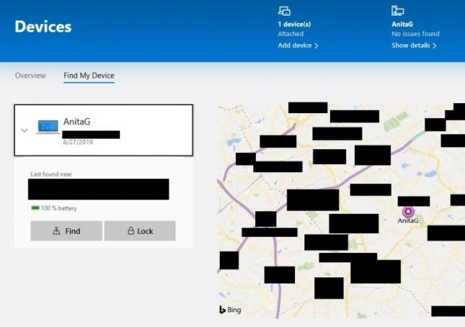 Posnetek zaslona Microsoftovega računa Najdi mojo napravo