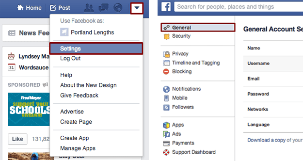 Configurações gerais do Facebook