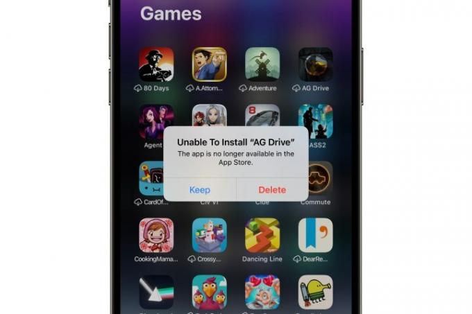 Ein iPhone zeigt eine Fehlermeldung an, dass eine ausgelagerte App nicht erneut installiert werden kann.