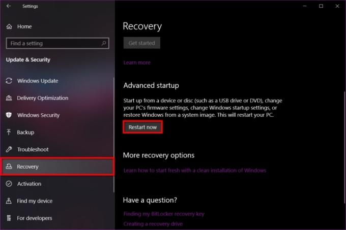Inicialização avançada de recuperação do Windows 10