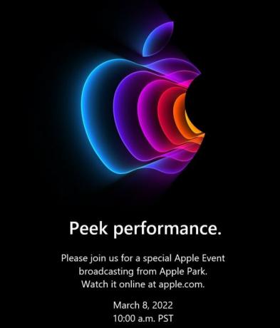 O convite para o evento Peek Performance da Apple em 8 de março de 2022.