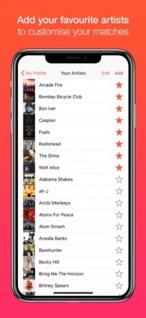 لقطة شاشة لتطبيق Tastebuds توضح كيفية إضافة الفنانين المفضلين لديك