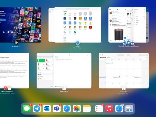 O menu de aplicativos recentes ao usar o Stage Manager no iPadOS 16.