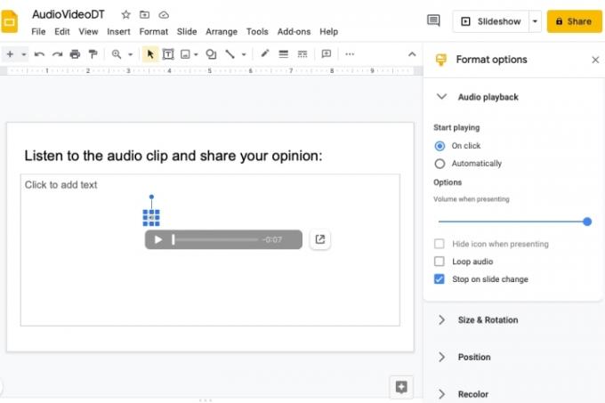 Opções de reprodução de áudio no Apresentações Google.