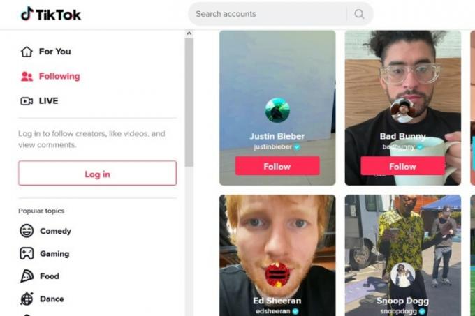 TikTok のデスクトップ Web サイトのメインページに、厳選された 4 人の有名人とその TikTok アカウントが掲載されています。