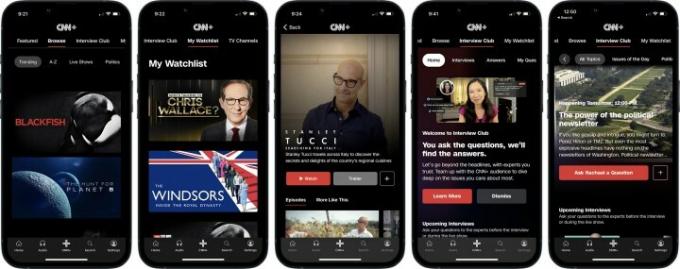 Série de captures d'écran de CNN Plus sur un iPhone.