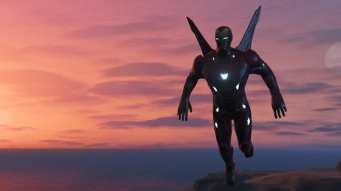 Iron Man fliegt im Sonnenuntergang.