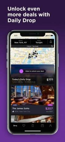 Ekrānuzņēmums ar Daily Drop piedāvājumu funkciju lietotnē Hotel Tonight