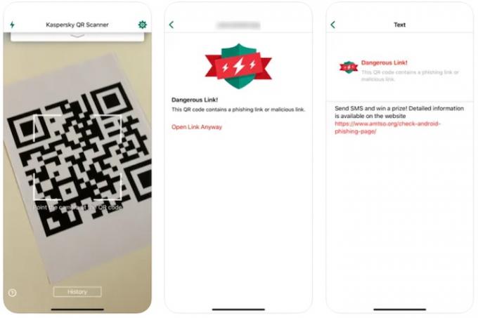 Касперский QR Scanner три скриншота.