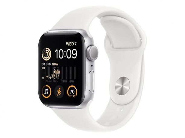 흰색 배경에 놓인 흰색 Apple Watch SE 2세대.