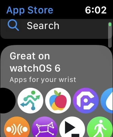 WatchOS 6-ის აპების მაღაზიის ძიება.