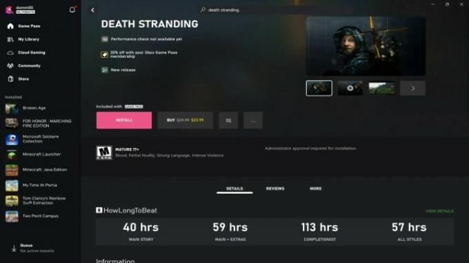 Layar detail Death Stranding menampilkan informasi Berapa Lama Untuk Dikalahkan di aplikasi Xbox di PC.