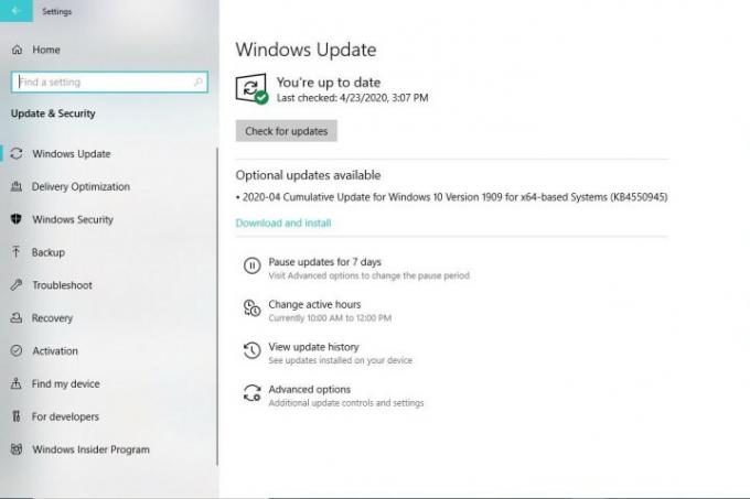 Bild des Windows 10 Update- und Sicherheitsmenüs