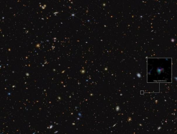 Ta slika poudarja lokacijo galaksije JADES-GS-z6 v delu območja neba znan kot GOODS-South, ki je bil opazovan v okviru JWST Advanced Deep Extragalactic Survey oz. ŽAD. 