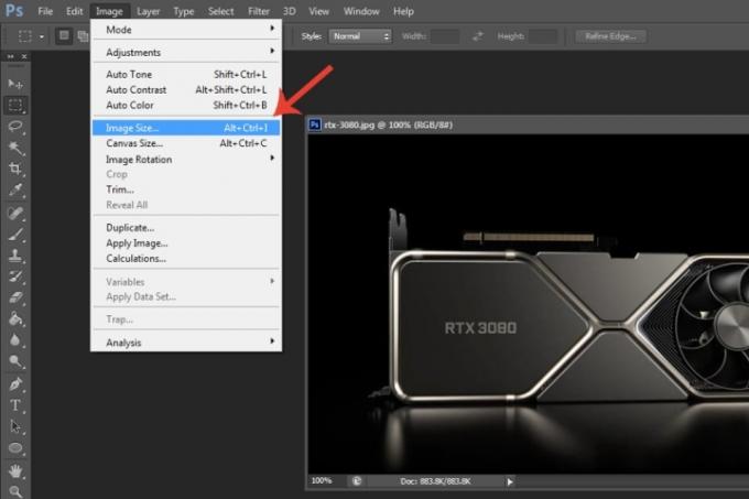 Adobe Photoshop'taki Görüntü Boyutu seçeneği.