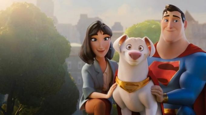 Lois Lane, Krypto e Superman posando juntos no filme DC League of Super Pets.