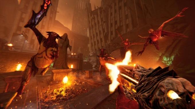 Metal Hellsinger-gameplay schieten op demonen.