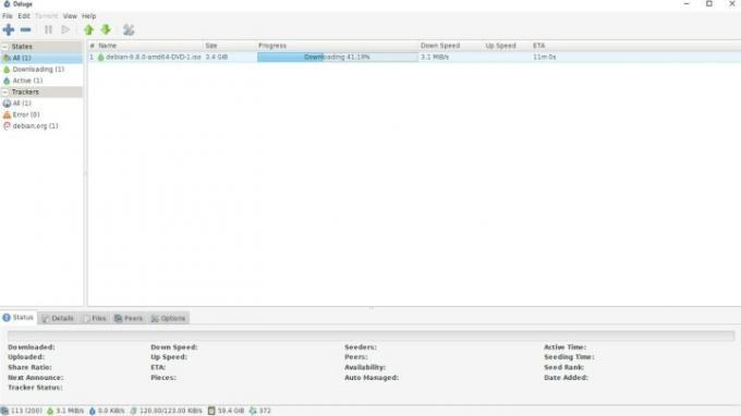 ダウンロードが進行中であることを示す Deluge クライアントのスクリーンショット。 
