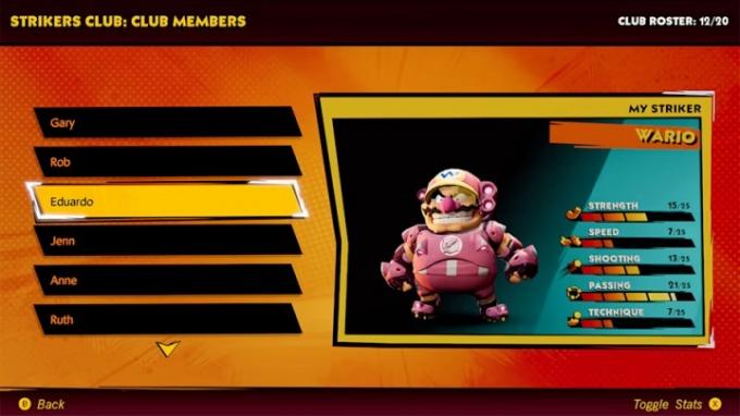 Un jucător își personalizează clubul în Mario Strikers: Battle League.