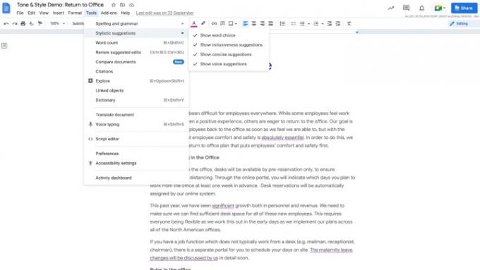 Google Docs ще предложи по-добър тон и стил, където сметне за добре, за да издигне вашето писане. 