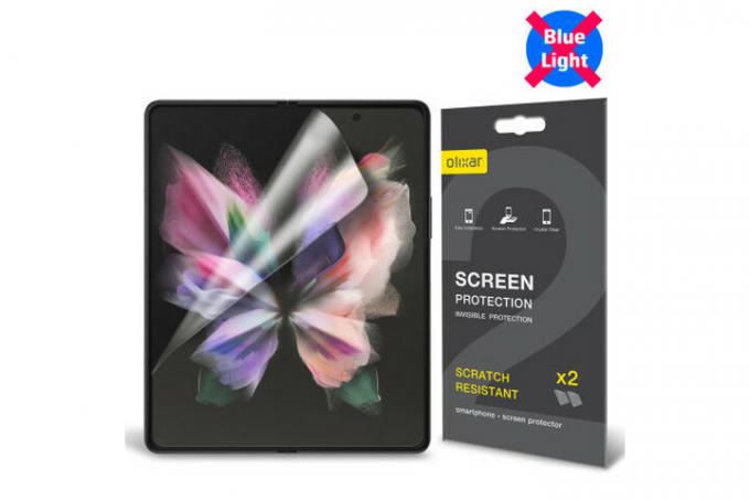 Olixar Anti-Blue Light film zaštitna folija za Samsung Galaxy Z Fold 3 koja prikazuje zaštitu na otvorenom telefonu pored maloprodajnog pakiranja.