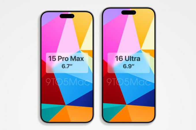 CAD-rendering av iPhone 16 Pro Max bredvid iPhone 15 Pro Max.