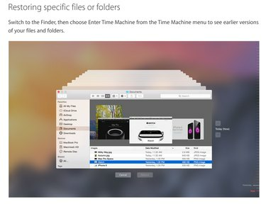 Time Machine se puede utilizar para localizar y restaurar archivos borrados o restaurar toda la Mac a una fecha y hora específicas.