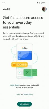 Aplikacja Portfel Google, nowe uruchomienie, zrzuty ekranu na Androida 9