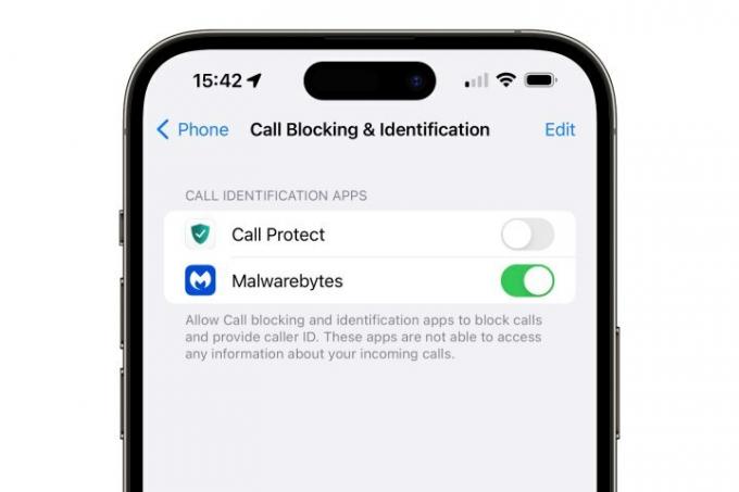 Inställningar för samtalsblockering och identifiering på iPhone 14 Pro Max.
