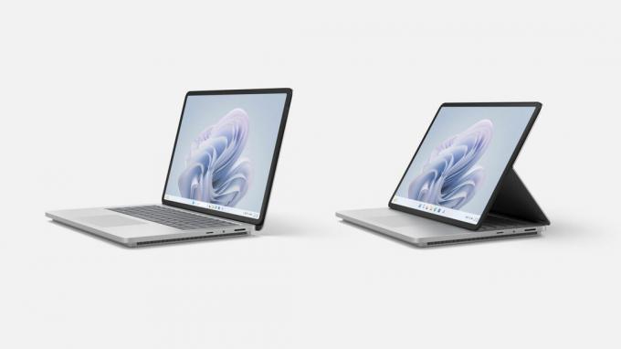 Surface Laptop Studio 2-modeller i forskjellige bruksmoduser.