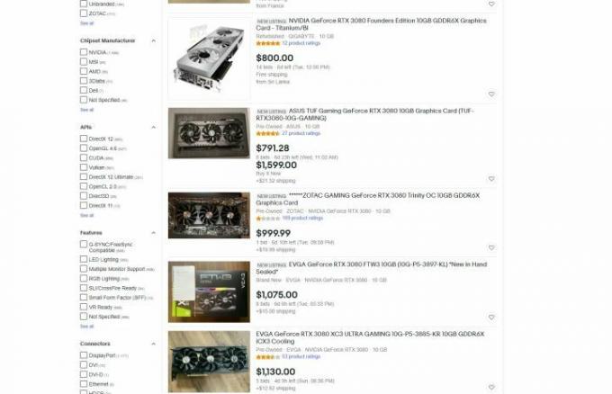 Listagens do RTX 3080 no eBay.