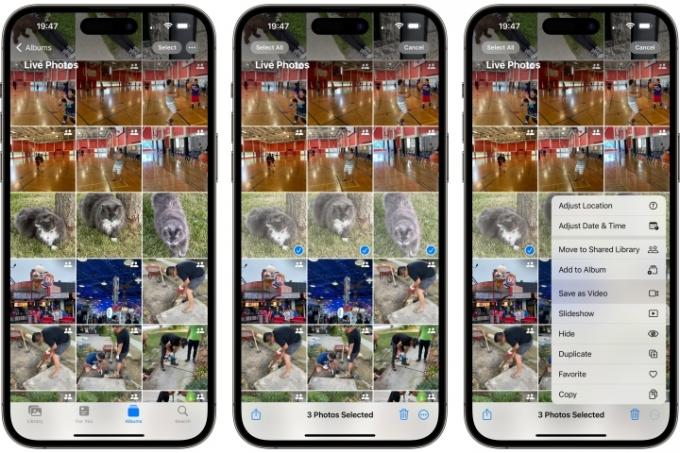 Три iPhone, показващи как да изберете няколко снимки на живо и да конвертирате във видео монтаж.