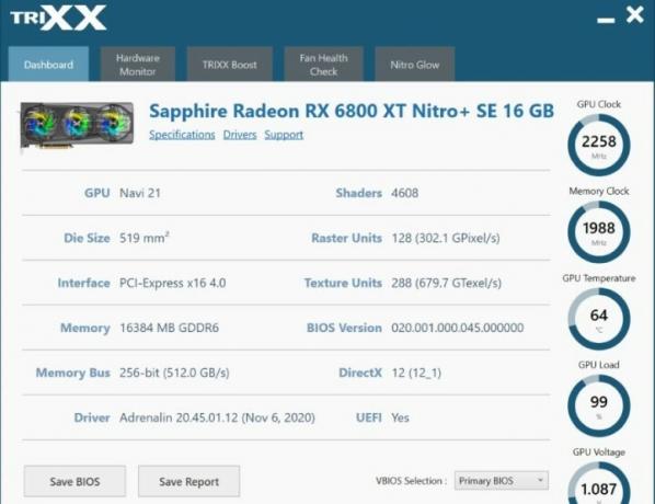 La dashboard dell'app Sapphire TriXX.