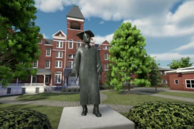 Uma estátua e um edifício de uma universidade virtual no metaverso.