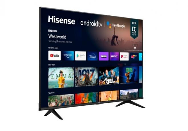 70-tums Hisense 70A6G 4K TV med Android TV-startskärmen på skärmen.