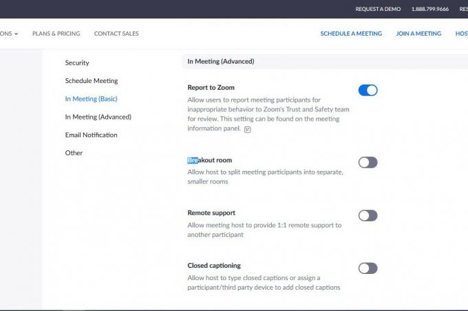 Imagen del menú de configuración de Zoom Alternar sala de grupos