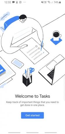 Schermafbeelding van Google Taken met de tekst 'Welkom bij Taken', een knop eronder met de tekst 'Aan de slag' en afbeeldingen van iemand die aan een bureau schrijft met een computer ervoor