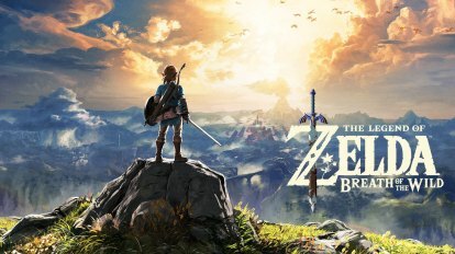 Tautan yang menghadap lanskap luas Hyrule dalam seni Breath of the Wild.