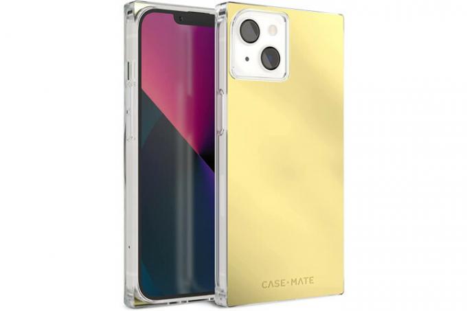 Case-Mate Blox きらめくゴールドの Gilded Age スクエア ケース、iPhone 14 用 (ケースの前面と背面を示しています)。
