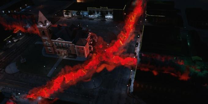 Arte de efectos visuales que representa cuatro grietas que se juntan en el centro de la ciudad en Stranger Things.