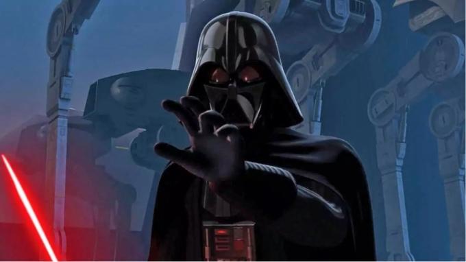Darth Vader empuñando su sable láser y usando la Fuerza en Star Wars: Rebels.