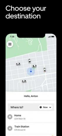 Zrzut ekranu przedstawiający wybór miejsca docelowego w aplikacji Uber