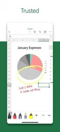 Schermafbeelding van de Microsoft Excel-app met de tekst 'Vertrouwd' en een afbeelding van een cirkeldiagram