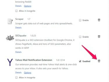 Entrée Yahoo Mail Notification Extension dans la liste des extensions installées de Chrome.
